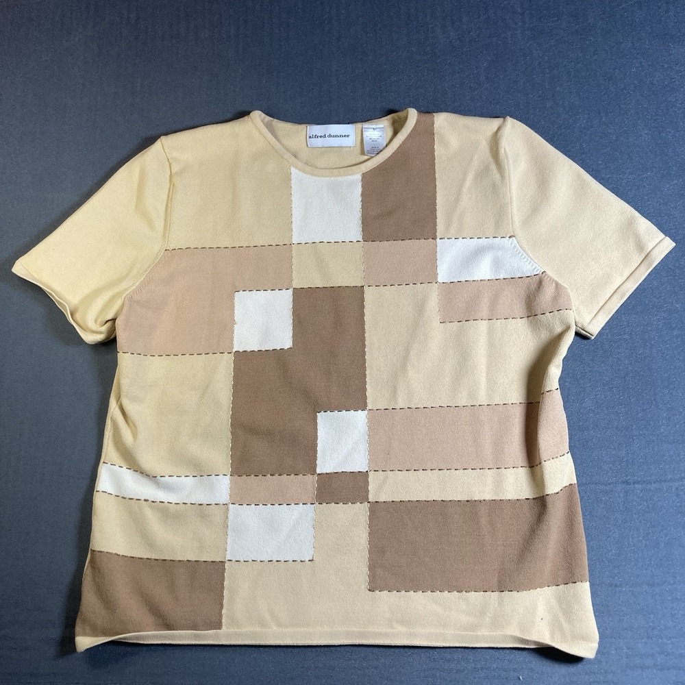 Alfred Dunner Women's L Colorblock Knit Top Short Sleeve Beige Pullover